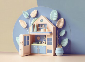 Composición 3d de casa de muñecas con hojas. Arte en papel. 3d realista. Generado con tecnología IA