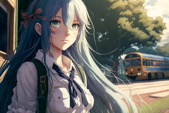 cute anime high school girl with long blue hair. generative AI