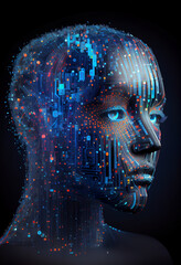 Abstract digital human face. Artificial intelligence concept of big data or cyber security. 3D illustration. AI Future.