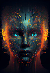 Abstract digital human face. Artificial intelligence concept of big data or cyber security. 3D illustration. AI Future.