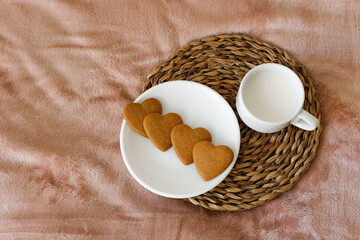 Biscuits with milk, Festive breakfast on St. Valentine's Day