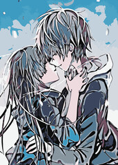 Anime Kiss Illustration Creative Poster Image, anime boy and girl kisses, cute kawaii anime manga style relationship and valentine in love