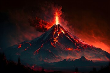 Exploding volcano in a dark, puprle, dusty, mountain scenery with lava coming out of it. Generative AI
