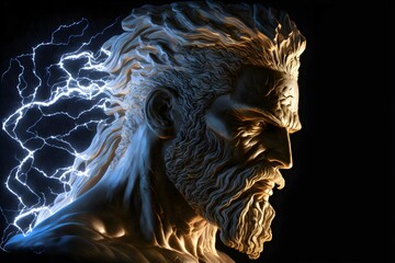 Illustration of a Zeus head sculpture. Electric discharges coming out from the back. Generative AI