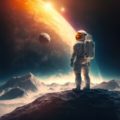 Astronaut standing on a moon with a view at a big planet and light flare - Generative AI 