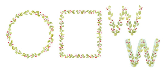 Watercolor floral letters, foliage alphabet, hand-drawn floral watercolor alphabet. Floral capital letter, logo design, monogram. Green leaves letters, greenery frame