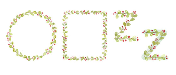 Watercolor floral letters, foliage alphabet, hand-drawn floral watercolor alphabet. Floral capital letter, logo design, monogram. Green leaves letters, greenery frame