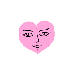 Hand-drawn heart. Pink symbol of romance with face and eyes. Doodle relationships, romance and Valentine Day. Sketch cartoon