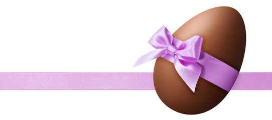 Happy Easter decoration chocolate egg with light purple shiny ribbon bow, isolated on transparent background. Template for label, gift greeting card, promotional shopping banner or ticket sale price