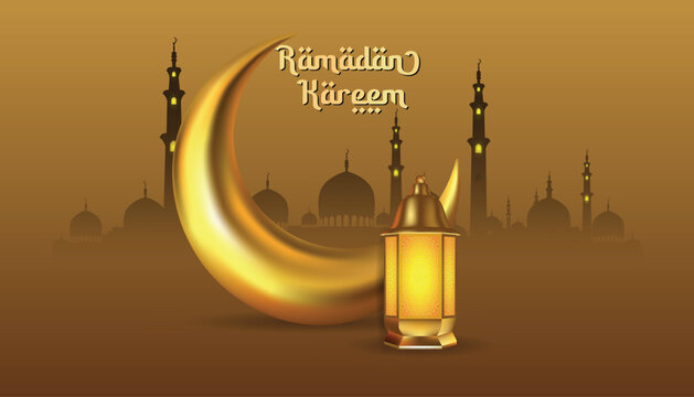 Ramadan kareem greetings with half moon and golden lamp vector illustration