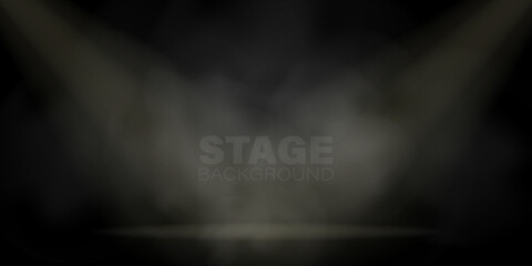 Fototapeta na wymiar Stage illuminated with fog, blank vector background for presentation. Spotlight scene, foggy concert hall illustration.