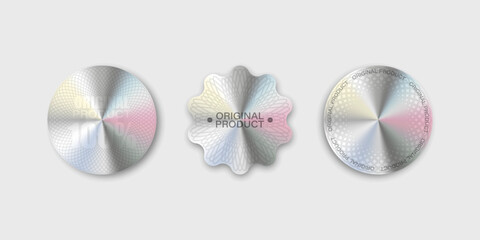 Holographic sticker, original product vector illustration. Holography style iridescent stickers collection.