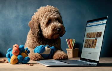 Labradoodle dog ordering online by internet for home delivery. Paws on laptop with a food shopping product selection. Concept for pets using technology, or animals imitating humans by ai generative