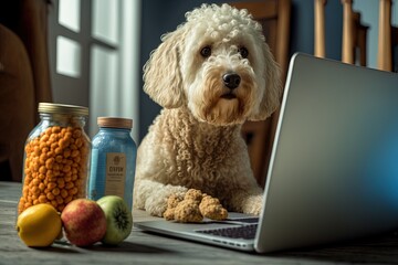 Labradoodle dog ordering online by internet for home delivery. Paws on laptop with a food shopping product selection. Concept for pets using technology, or animals imitating humans by ai generative