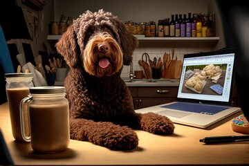 Labradoodle dog ordering online by internet for home delivery. Paws on laptop with a food shopping product selection. Concept for pets using technology, or animals imitating humans by ai generative