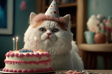   white cat with a birthday and her cake hat in celebrating birthday, by ai generative