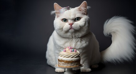   white cat with a birthday and her cake hat in celebrating birthday, by ai generative