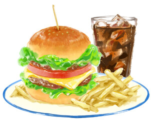 おいしそうなピックの刺さったハンバーガーとポテトとコーラの水彩イラスト
