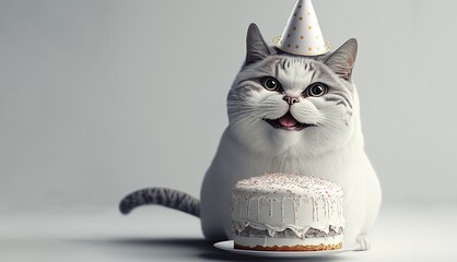   smiling  cat with a birthday and her cake hat in celebrating birthday, by ai generative