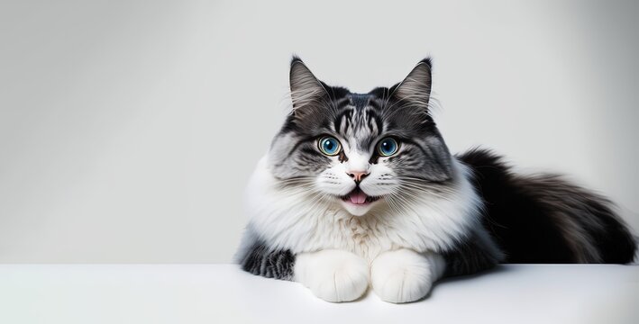 Funny large longhair gray kitten with beautiful big blue eyes lying on white table. Lovely fluffy cat licking lips. Free space for text by ai generative 