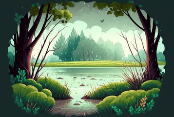 cartoon illustration, lake landscape with trees raining,generative AI