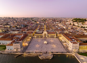Obraz premium Commerce Square at night in Lisbon, Portugal. Palace Yard, Royal Palace of Ribeira. Drone Point of View