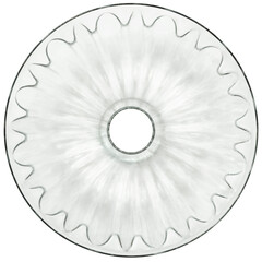 Transparent circular grooved glass Bundt Cake Baking Pan, isolated on white background, top view.