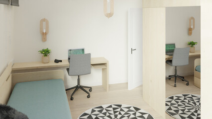 Small student bedroom Ofiice wooden bright furniture, 3D rendering, 