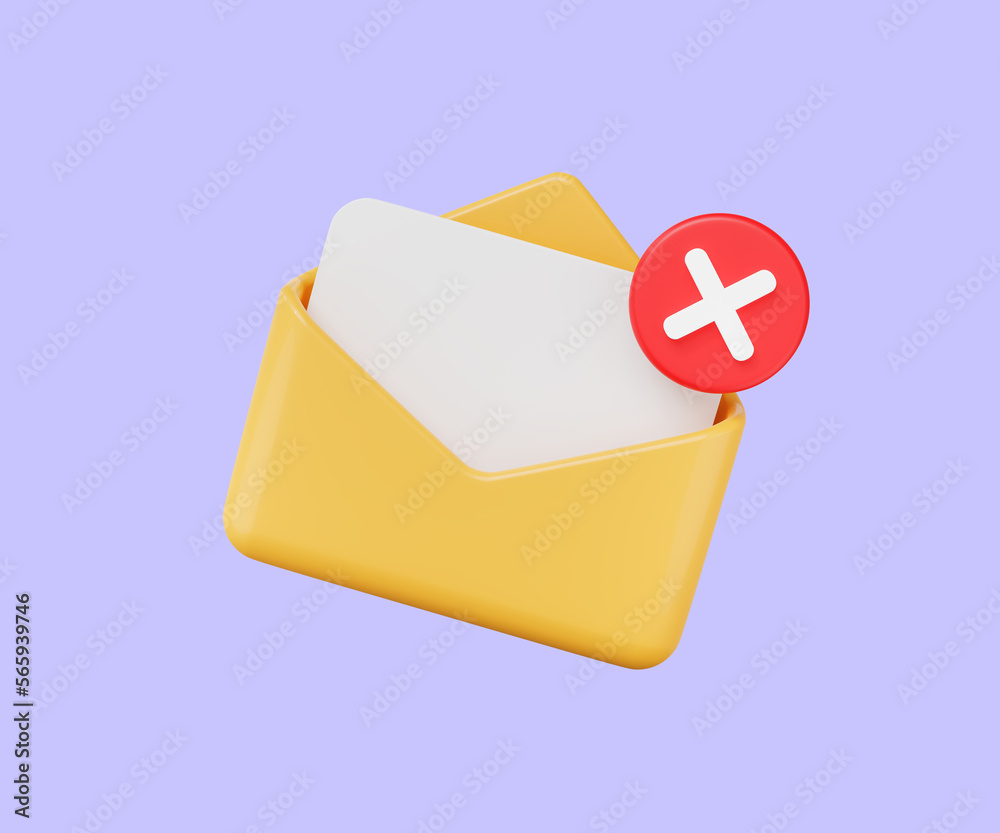 Poster 3d mail sign with red cross x. email rejected letter, unsubscribe, verification elements for banner 