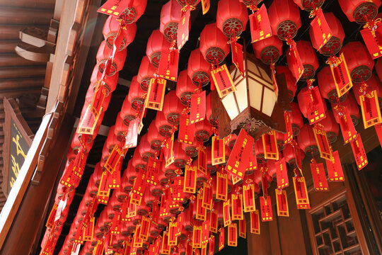 Traditional Red Chinese Laterns hanging on the ceiling of  buddhist temple Shaghai, China