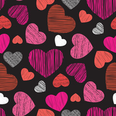 Seamless pattern with various colorful hearts. Funny hand drawn printable poster. Doodle texture design, Valentine Day. Love, relationships, communication. Romantic wallpaper