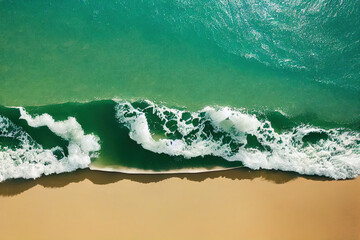 Fototapeta na wymiar Spectacular top view from drone photo of beautiful beach with relaxing sunlight, sea water waves pounding the sand at the shore. Calmness and refreshing beach scenery.