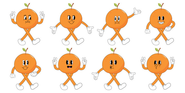 A Set of orange cartoon groovy stickers with funny comic characters, gloved hands. Modern illustration with legs and arms.	