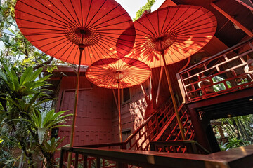 Exterior details of Jim Thompson house details and the garden in Bangkok, Thailand
