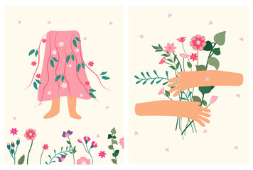 Fototapeta na wymiar Bright compositions, a hand embracing a bouquet of wildflowers and a silhouette of a woman's skirt with flowers and leaves. Can be used as greeting cards, banners, cards, posters. Vector illustration.