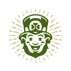 Saint Patrick's Day laughing Irish troll leprechaun hat with green clover vintage icon vector flat