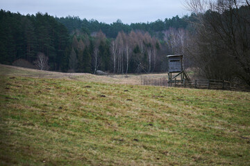 Ambona myśliwska stoi na skraju pola.