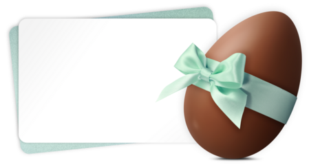 Happy Easter greeting gift card with chocolate egg decorated with pastel green shiny ribbon bow. Copy space template for label, promotional shopping banner or ticket sale price