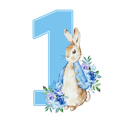 Watercolor illustration Peter Rabbit First Birthday with bouquet