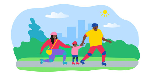 happy african american family roller skates in the park vector illustration 