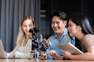 Young students researching inventions with modern technology in university libraries.