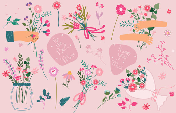 Happy mother's day. Illustration with a bouquet of flowers in hands, inscriptions for Mother's Day, bright flowers in a jar, leaves, etc. Floral postcards for celebrating Mother's Day, spring, etc. - Powered by Adobe