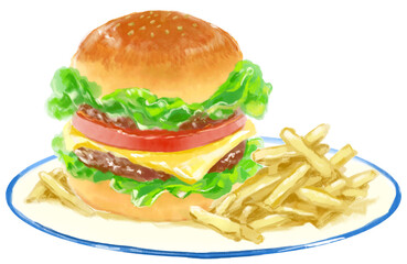 おいしそうなハンバーガーとポテトの水彩イラスト