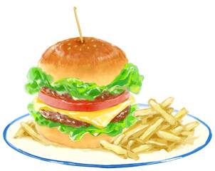 おいしそうなピックの刺さったハンバーガーとポテトの水彩イラスト(透過PNG)