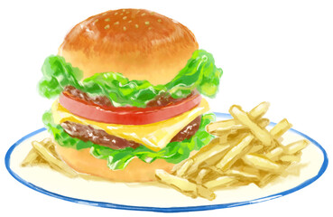 おいしそうなハンバーガーとポテトの水彩イラスト
(透過PNG)