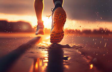 Close up on shoe, Runner athlete feet running on road under sunlight in the morning. Generative AI. - obrazy, fototapety, plakaty
