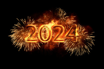 Nowy rok 2024 - płonący napis wyłaniający się z fajerwerków spośród nocy