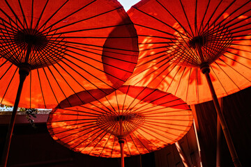 Red chinese umbrellas down view