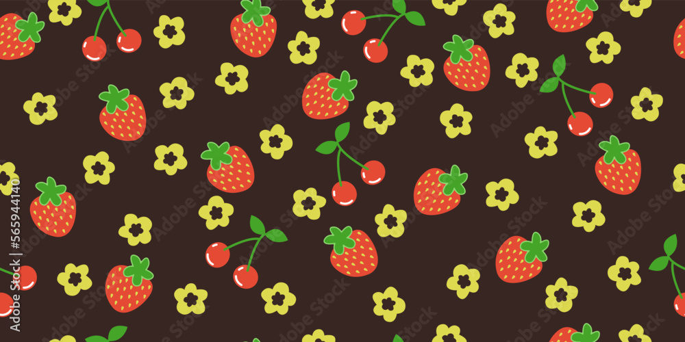 Poster red strawberries and cherries, canvas with fruits. vector for print of seamless decors.