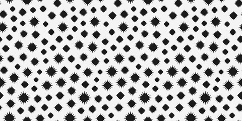 Black stars are spiked, scattered on a white background. Vector for print and design of seamless decors.